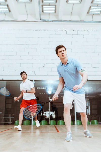 Visão completa de dois desportistas jogando squash com raquetes em quadra de quatro paredes — Fotografia de Stock