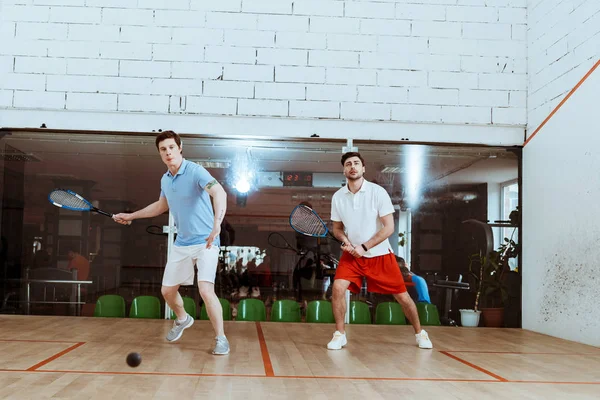 Visão completa de dois desportistas jogando squash em quadra de quatro paredes — Fotografia de Stock