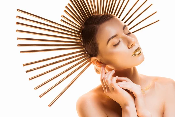 Young beautiful woman with golden makeup and sparkles on fingers isolated on white — Stock Photo