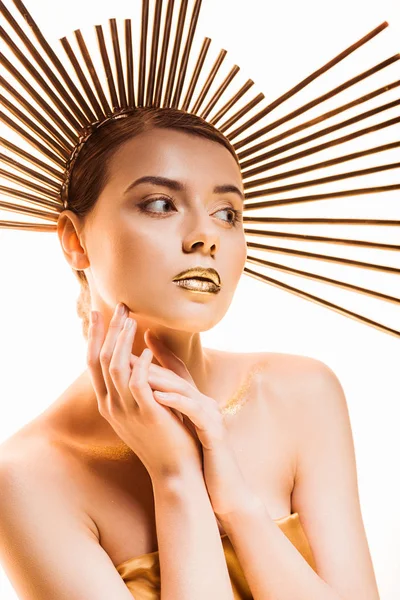 Young beautiful woman with golden glittery makeup and accessory on head isolated on white — Stock Photo