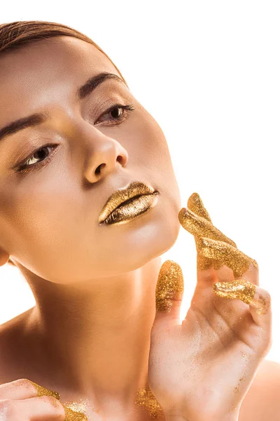 Junge nackte Frau mit goldenen Lippen und Fingern isoliert auf weiß — Stockfoto