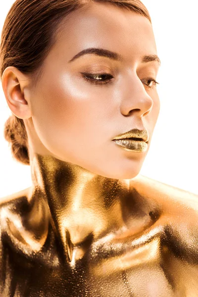 Nackte junge Frau mit goldenem Wegschauen isoliert auf weiß gemalt — Stockfoto