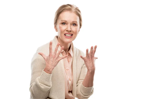 Stressed middle aged woman looking at camera and Gesturing Isolated On White — Stock Photo