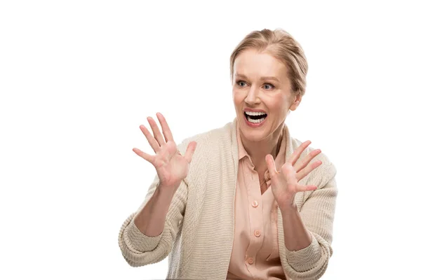 Excité femme d'âge moyen Gesturing avec les paumes ouvertes isolé sur blanc — Photo de stock