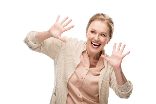 Eccitato donna di mezza età Gesturing con palme aperte isolato su bianco — Foto stock