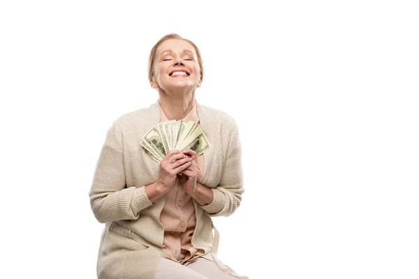 Happy middle aged woman with dollar banknotes Isolated On White with copy space — Stock Photo