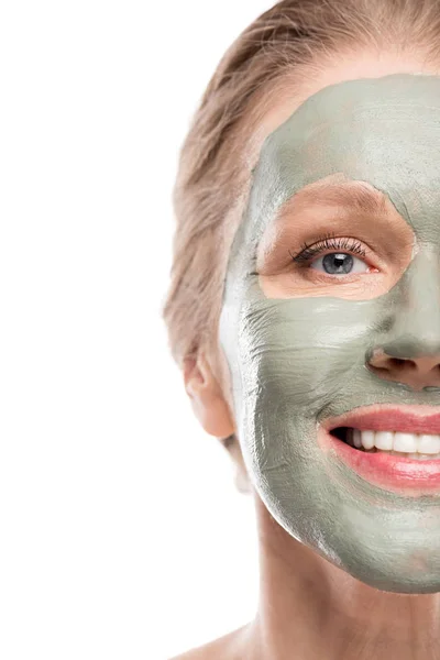 Happy mature woman with clay mask Isolated On White — Stock Photo