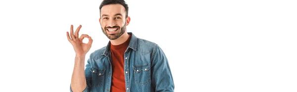 Panoramic shot of smiling bearded man looking at camera and showing ok sign isolated on white — Stock Photo