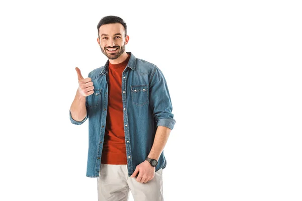 Good-looking bearded man showing thumb up and looking at camera isolated on white — Stock Photo