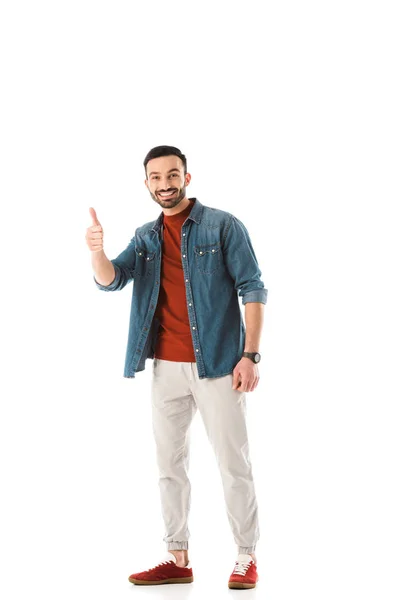Cheerful bearded man looking at camera and showing thumb up isolated on white — Stock Photo