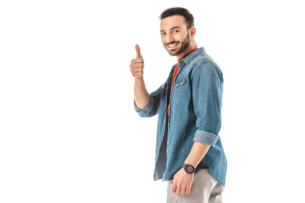 Cheerful man showing thumb up and looking at camera isolated on white — Stock Photo