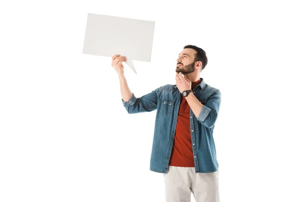 Thoughtful bearded man holding speech bubble isolated on white — Stock Photo