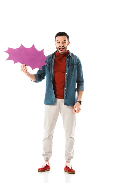 Angry man in denim shirt holding thought bubble and looking at camera isolated on white — Stock Photo