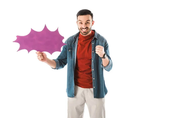 Irritado hombre en denim corto peleas mientras mira a la cámara aislado en blanco - foto de stock