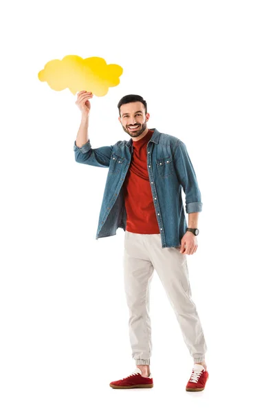 Cheerful bearded man holding thought bubble over head and looking at camera isolated on white — Stock Photo