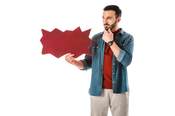 Pensive handsome man in denim shirt holding thought bubble isolated on white — Stock Photo