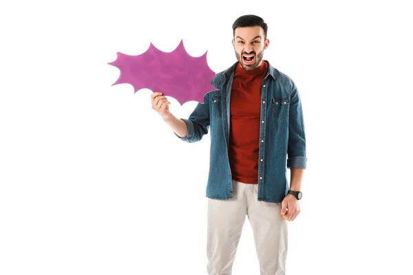 Irritated man holding thought bubble and looking at camera isolated on white — Stock Photo