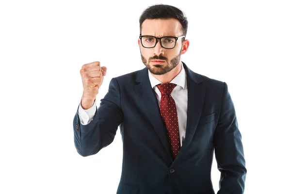 Angry businessman showing fist while looking at camera isolated on white — Stock Photo