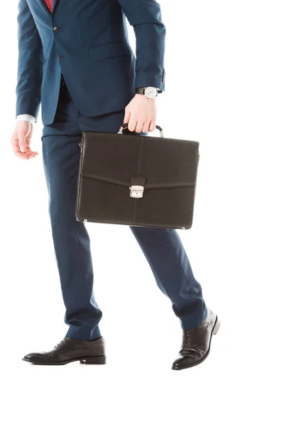 Vista recortada de hombre de negocios con maletín aislado en blanco — Stock Photo