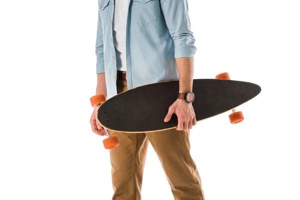 Cropped view of adult man holding longboard isolated on white — Stock Photo