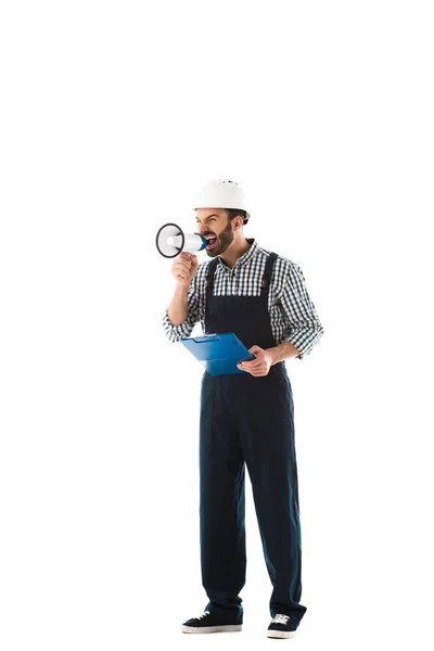 Irritated foreman screaming in loudspeaker while holding clipboard isolated on white — Stock Photo