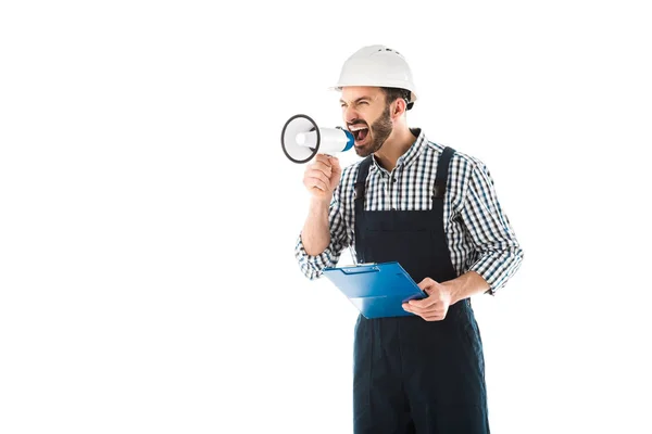 Angry foreman screaming in megaphone while holding clipboard isolated on white — Stock Photo