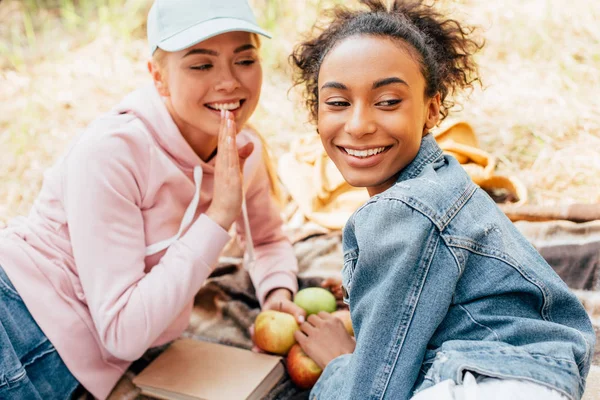 Zwei lächelnde multiethnische Freunde auf karierter Decke mit Äpfeln — Stockfoto