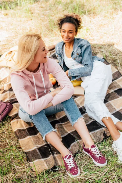 Two laughing multiethnic friends sitting on plaid blanket in forest — Stock Photo