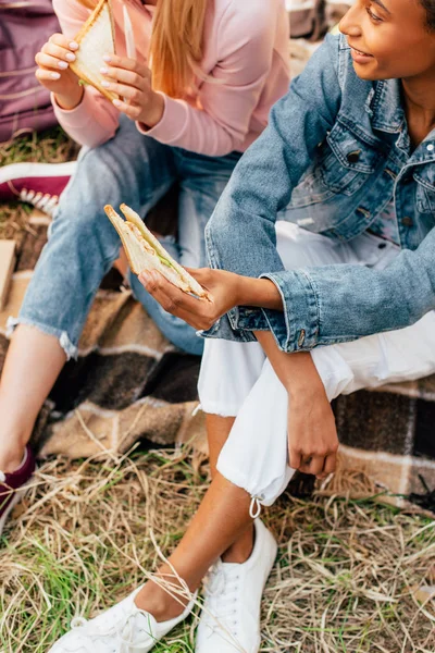 Partial view of two multiethnic friends eating sandwiches on picnic — Stock Photo