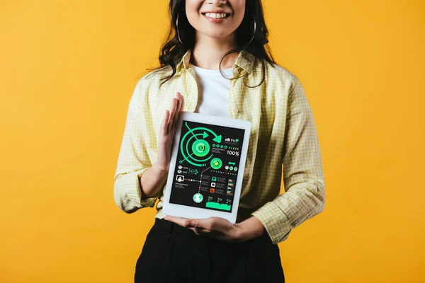 Cropped view of girl showing digital tablet with infographic, isolated on yellow — Stock Photo