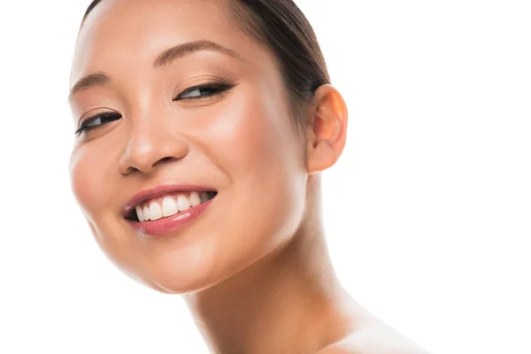 Happy naked asian girl with clean face, isolated on white — Stock Photo