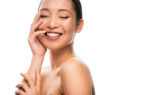 Cheerful naked asian woman with perfect skin, isolated on white — Stock Photo