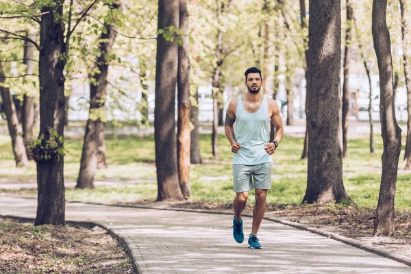 Bello sportivo jogging lungo passerella nel verde parco soleggiato — Foto stock
