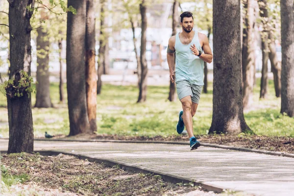 Красивый мужчина в спортивной одежде бежит по дорожке в солнечном парке — стоковое фото