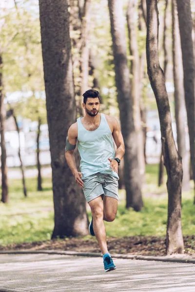 Hombre guapo en ropa deportiva corriendo por el pavimento en el parque - foto de stock