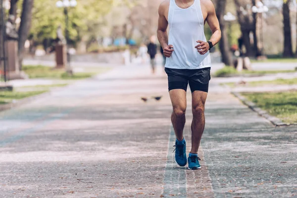 Частковий вид на людину в спортивному одязі і кросівках, біг по парковій алеї — стокове фото