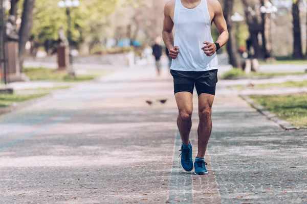 Vue partielle de l'homme en vêtements de sport et baskets jogging le long de l'allée du parc — Photo de stock