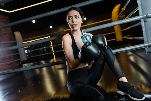 Séduisante femme en gants de boxe tenant bouteille de sport dans la salle de gym — Photo de stock