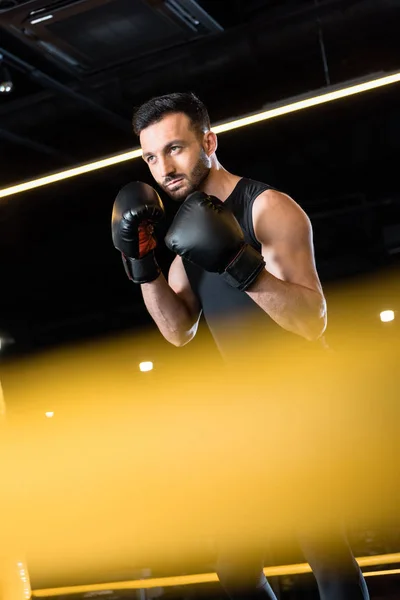 Foco seletivo de homem confiante boxe no centro esportivo — Fotografia de Stock