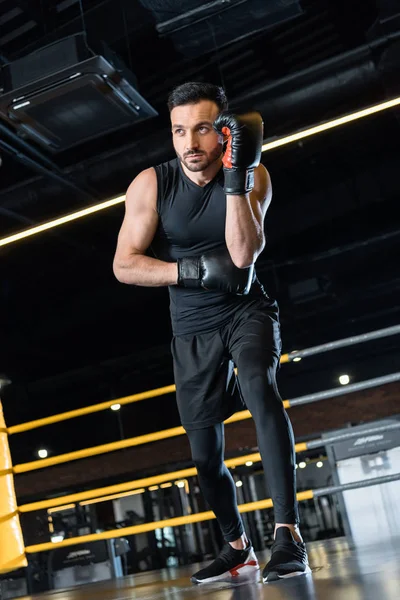 Vista de ángulo bajo del hombre guapo de pie en guantes de boxeo en el gimnasio - foto de stock