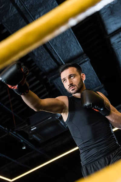 Vista de ángulo bajo del hombre atlético guapo haciendo ejercicio en guantes de boxeo - foto de stock