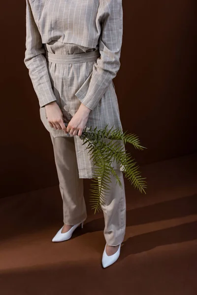 Vista ad alto angolo di giovane modello che tiene le foglie di felce in mano, in piedi su sfondo marrone — Stock Photo