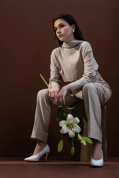 Low angle view of model with flower in hands sitting on box ,looking away — Stock Photo