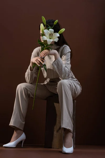 Low angle view of adult model holding flower near face, sitting on brown background — Stock Photo