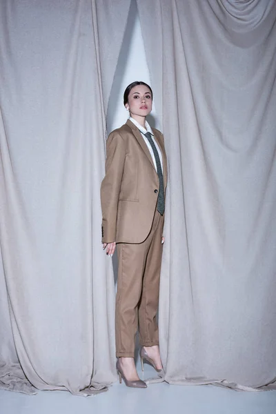 Adult model in suit standing on light grey curtain background, looking at camera — Stock Photo