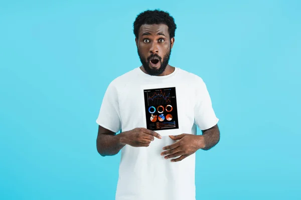 Schockierter Afroamerikaner zeigt digitales Tablet mit Infografik, isoliert auf blauem Grund — Stockfoto