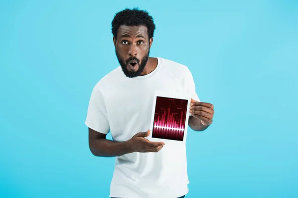 Surprised african american man showing digital tablet with graph app, isolated on blue — Stock Photo