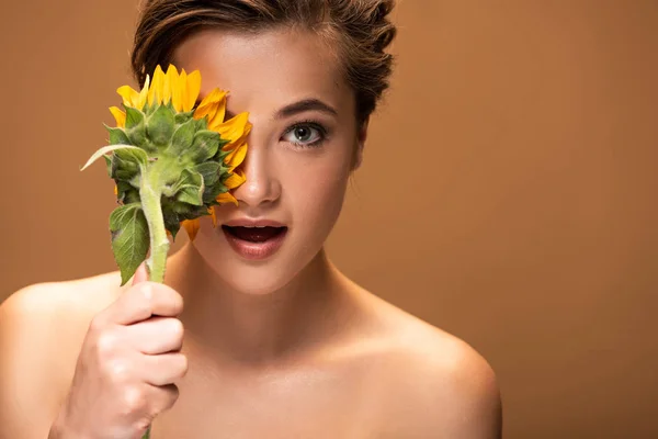 Chocado bela jovem mulher nua com girassol amarelo isolado em marrom — Fotografia de Stock