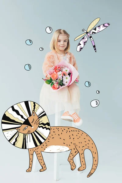 Kid in faux fur coat and skirt sitting on highchair and holding bouquet on grey background with fairy bubbles, cat and dragonfly illustration — Stock Photo