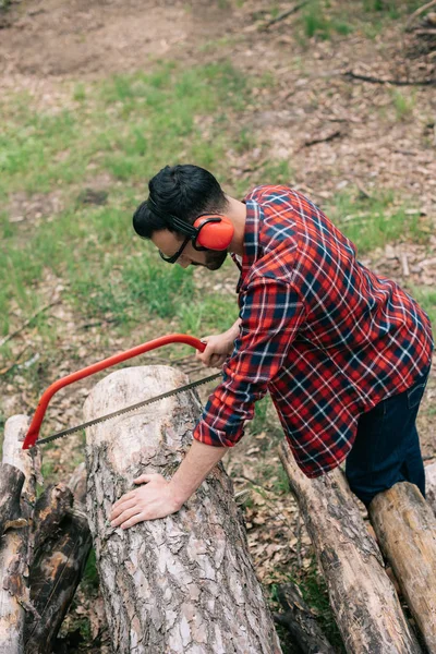 Taglialegna in camicia a scacchi e cuffie che cancellano il rumore tronco di taglio con sega a mano nella foresta — Foto stock